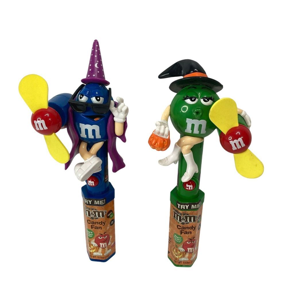 Lot of 2 M&Ms Halloween Candy Fan‎ Dispenser 9" tall Collectible Blue Green